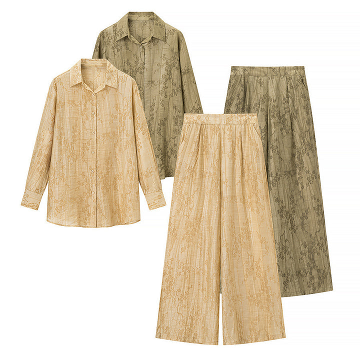 Damen Zweiteiliges Jacquard-Loungewear-Set mit Hemdbluse und weiter Palazzohose Drune