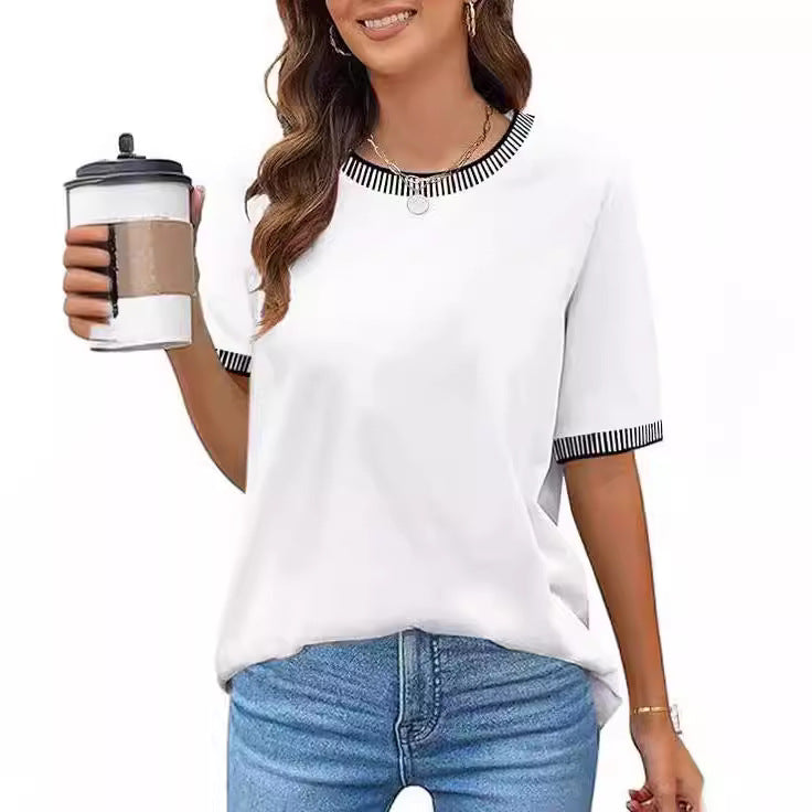 Damen lässiges Kurzarm-Shirt mit modischem Streifenkragen Drune