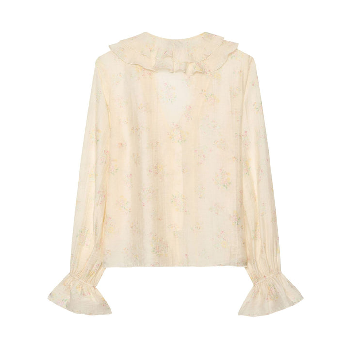 Damen Leichte Chiffonbluse mit Volantkragen V‑Ausschnitt und gerafften Manschetten Drune