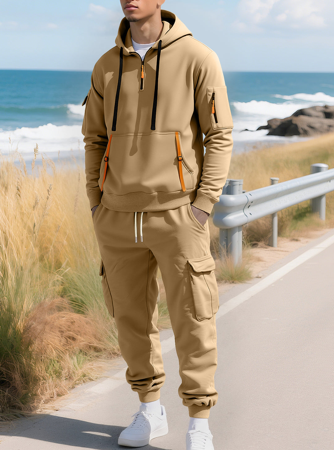 Herren nan lässiger Halbzip Hoodie mit Kängurutasche und Cargo Jogginghose mit Reißverschlussdetails Drune