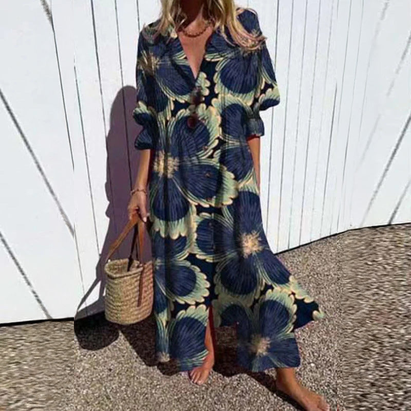 Frauen Fließendes Maxikleid mit Durchgehendem Knopfverschluss V-Ausschnitt und Volksdruck Drune