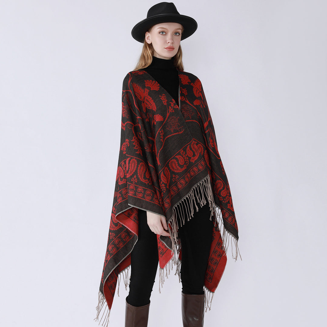 Damen Jacquard-Poncho im Oversize-Kaftan mit floraler und Vogelornamentik Drune