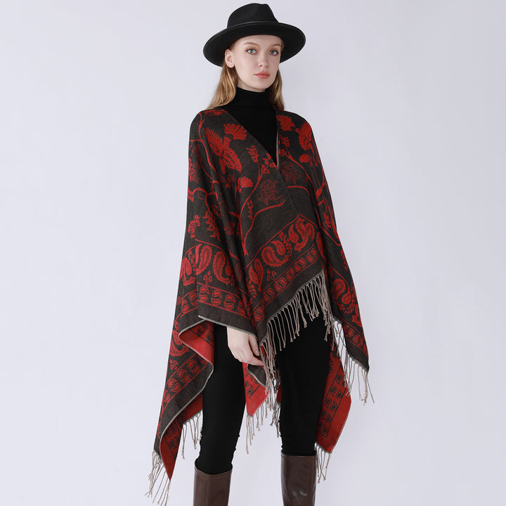 Damen Jacquard-Poncho im Oversize-Kaftan mit floraler und Vogelornamentik Drune