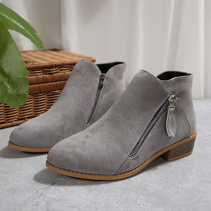 Damen Moderne Kurzschaft-Stiefelette mit sichtbarem Metallreißverschluss und niedriger Holzoptik-Blocksohle Drune