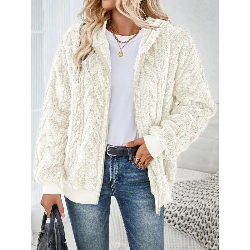 Damen Kuschelige Fleecejacke mit hochschließendem Kragen und Strickmuster Drune