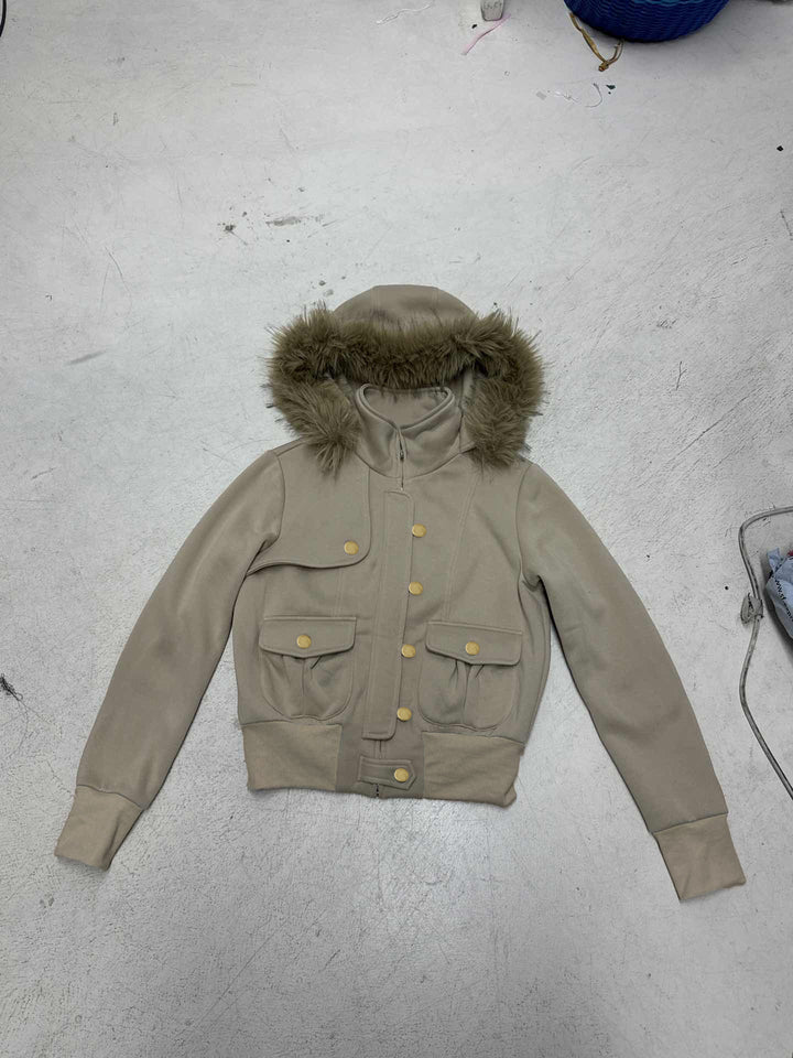 Damen Kurzgeschnittene Utility-Bomberjacke mit Stehkragen Kapuze und Kunstfellbesatz Drune
