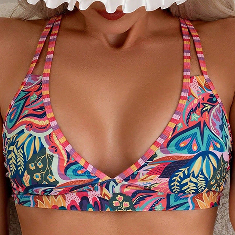Damen Triangel-Bikinioberteil mit floralem Muster und kontrastierenden Trägern Drune