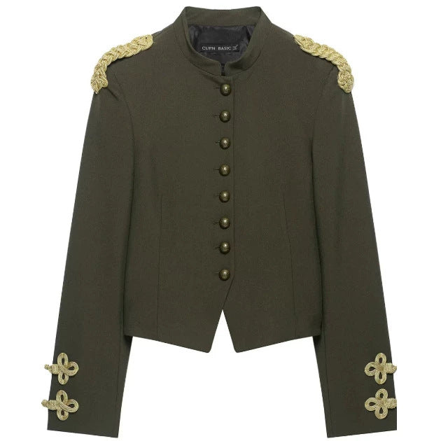 Damen Taillierter Cropped Militärblazer mit Stehkragen und goldverzierten Epauletten Drune