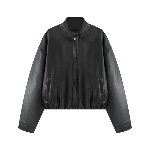 Damen Cropped Kunstleder‑Bomber mit Stehkragen, Druckknopfleiste und elastischem Bund Drune