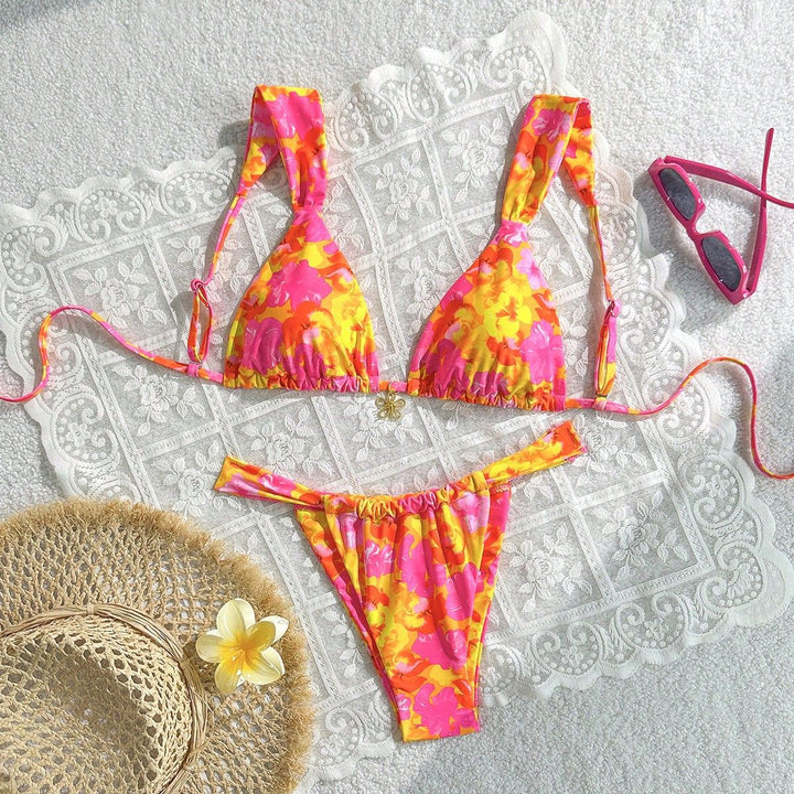 Damen Blütenmuster Triangel-Bikini mit verstellbaren Trägern Drune