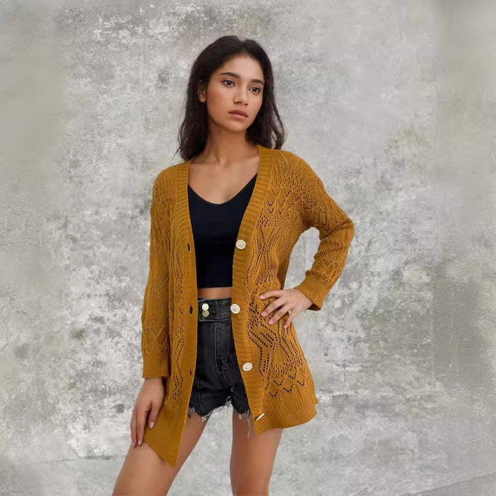 Damen Strickcardigan mit luftigen Mustern und Knopfdetails Drune