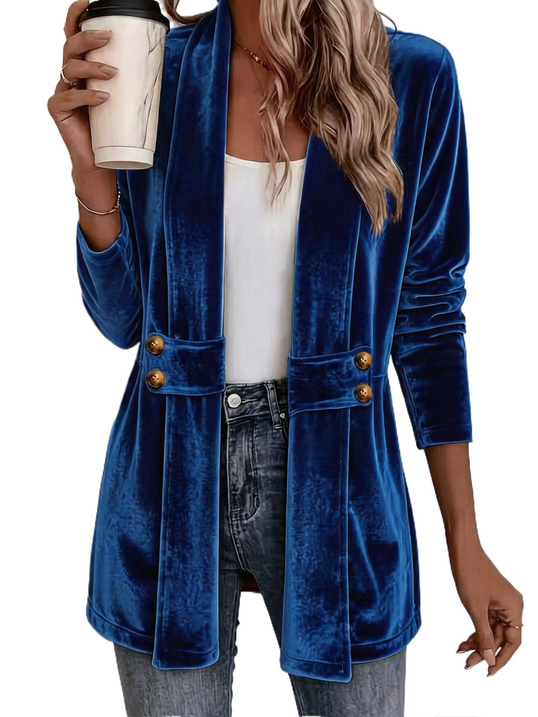 Damen Samt-Longblazer mit Schalkragen und dekorativen Knopfriemen Drune