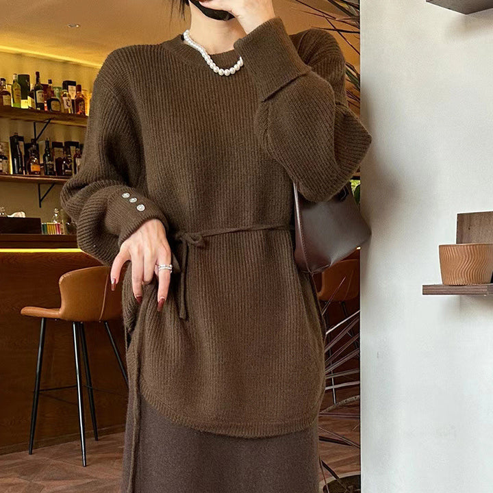 Damen lockerer Strickpulli mit Taillenschnürung und lässigem Schnitt Drune