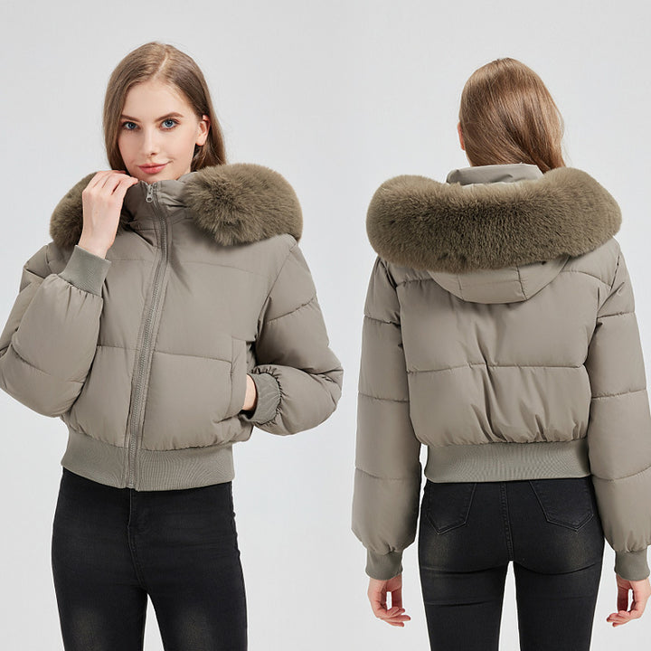 Damen Kurz‑Bomber‑Pufferjacke mit Kapuze und abnehmbarem Kunstfellkragen Drune