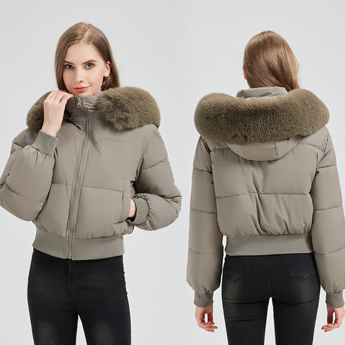 Damen Kurz‑Bomber‑Pufferjacke mit Kapuze und abnehmbarem Kunstfellkragen Drune