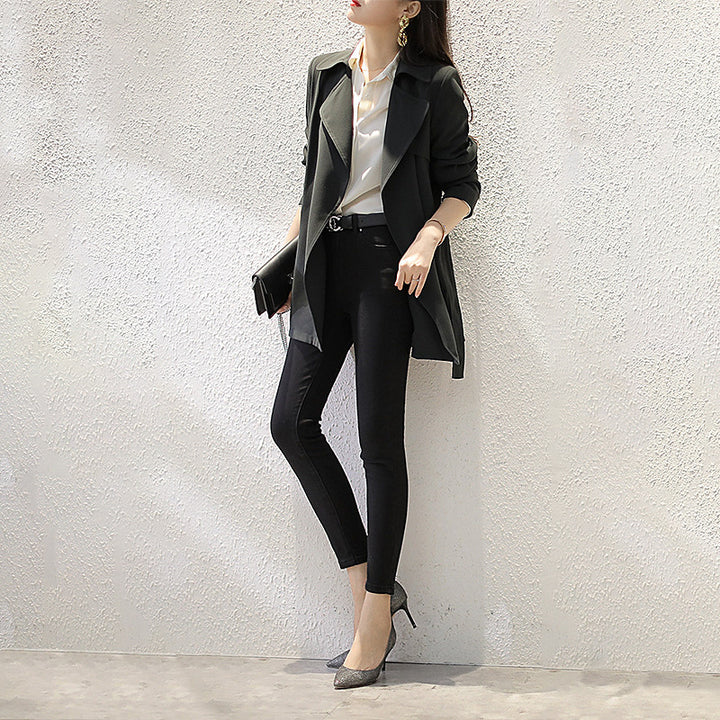Damen Edles Trenchcoat mit Taillengürtel und praktischen Taschen Drune