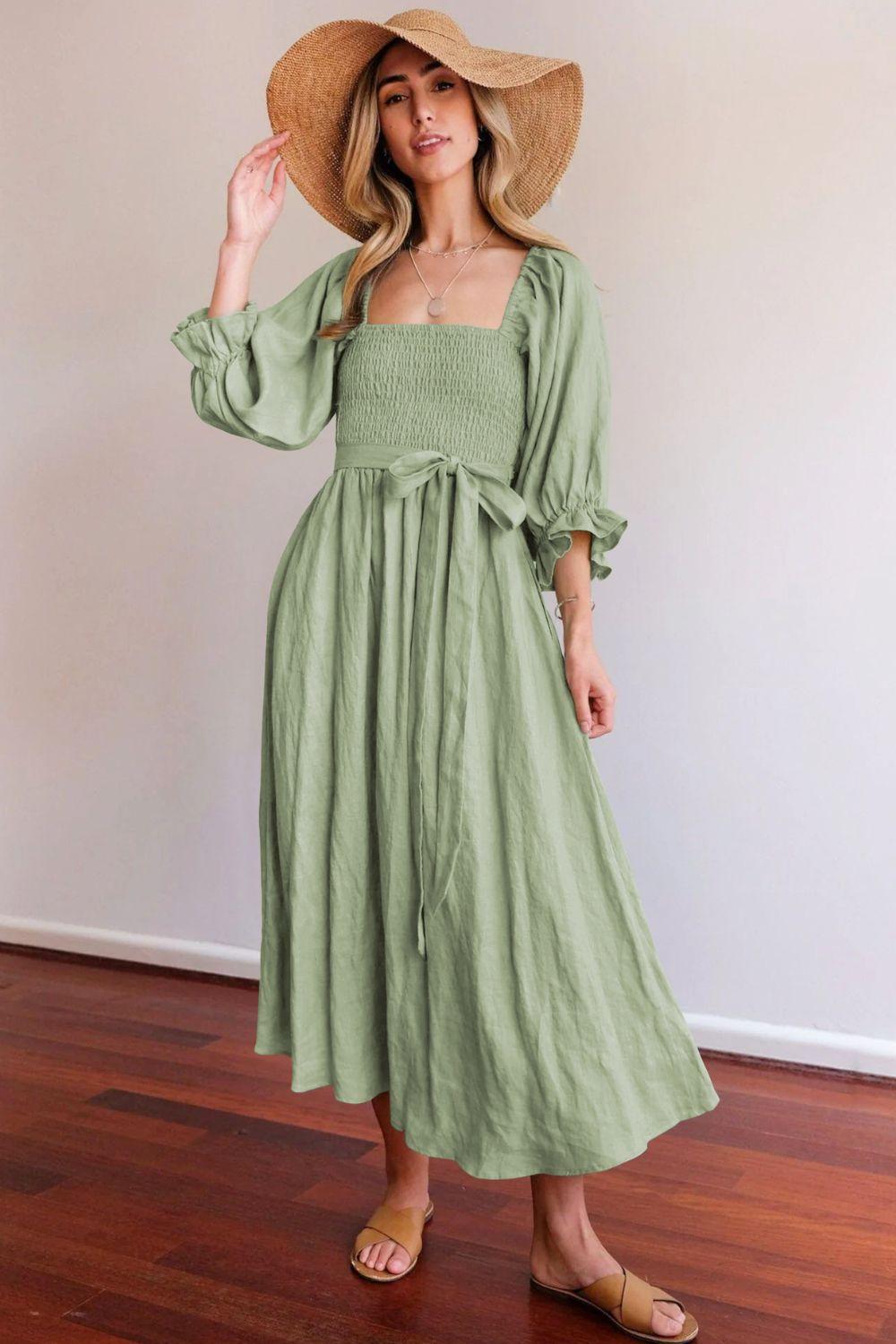 Damen elegantes, tailliertes Maxikleid mit Puffärmeln und Bindegürtel Drune