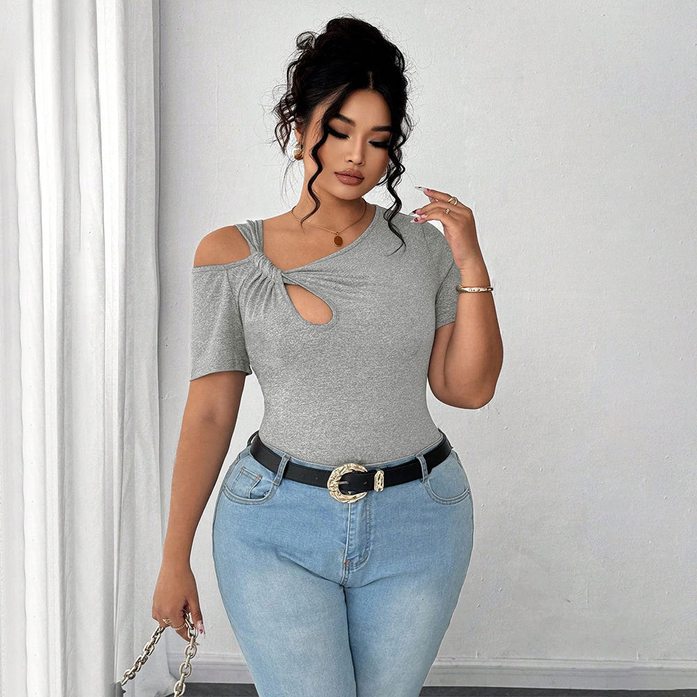 Damen Figurbetontes Kurzarm-Body mit asymmetrischem Ausschnitt und Knotendetail Drune