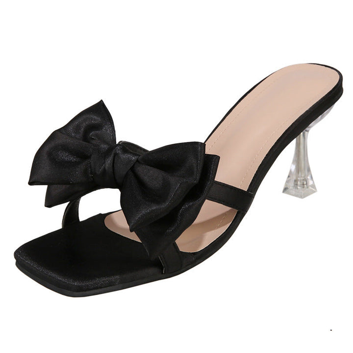 Damen High Heel Pantoletten mit eleganter Schleifen-Applikation und glitzerndem Absatz Drune