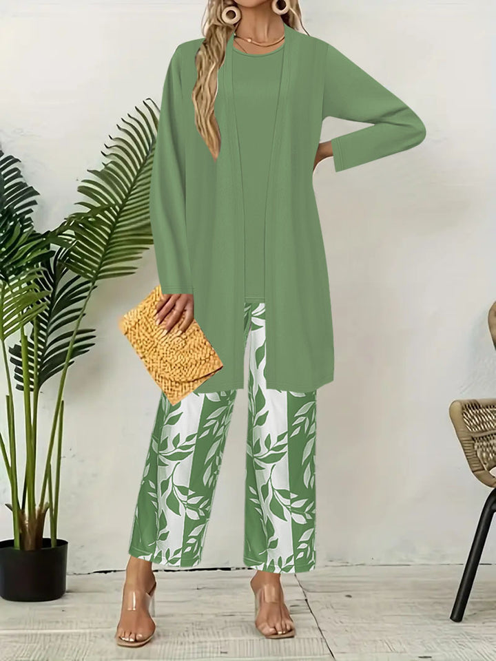 Damen Zweiteiler Offener Longcardigan mit Langarm und Palazzo‑Hose mit Blattprint Drune