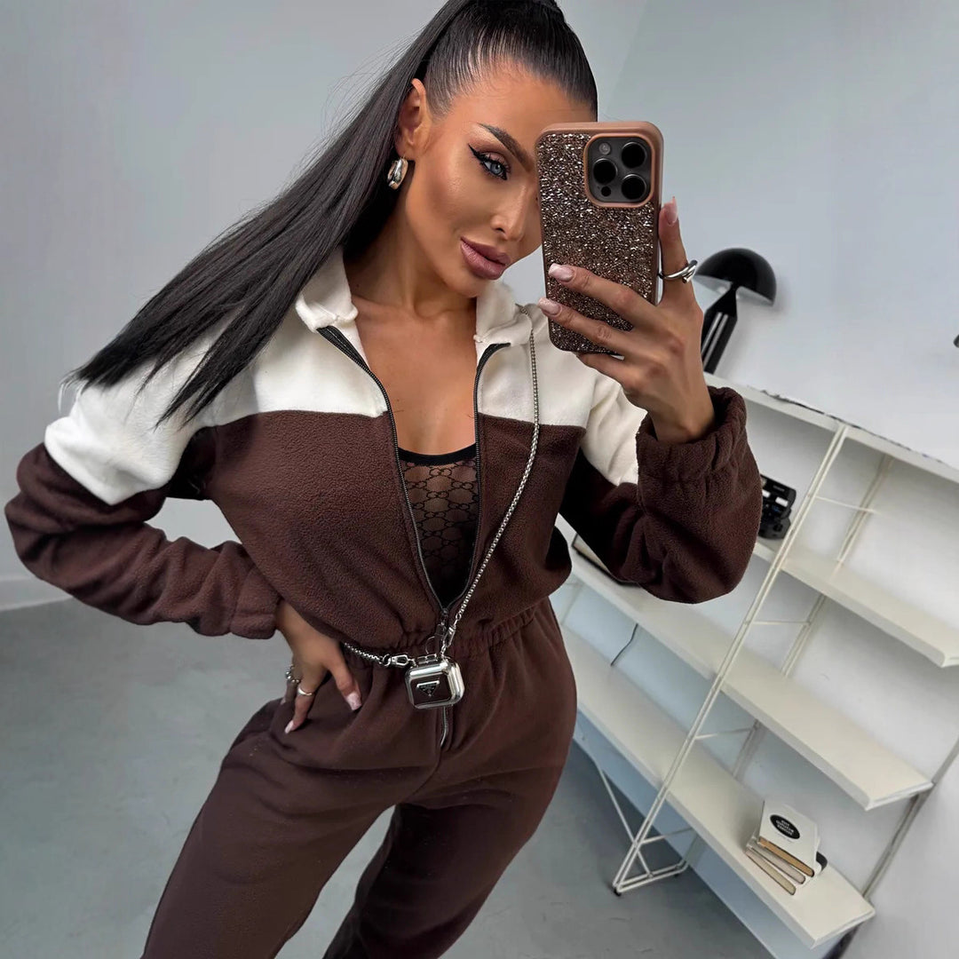 Damen gemütlicher Fleece-Overall mit Kapuze, durchgehendem Reißverschluss und elastischen Bündchen Drune