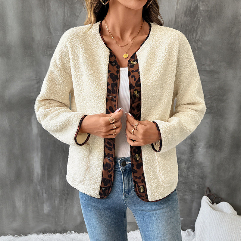 Damen Gemütlicher Teddy-Blazer mit Leopardenmuster Drune