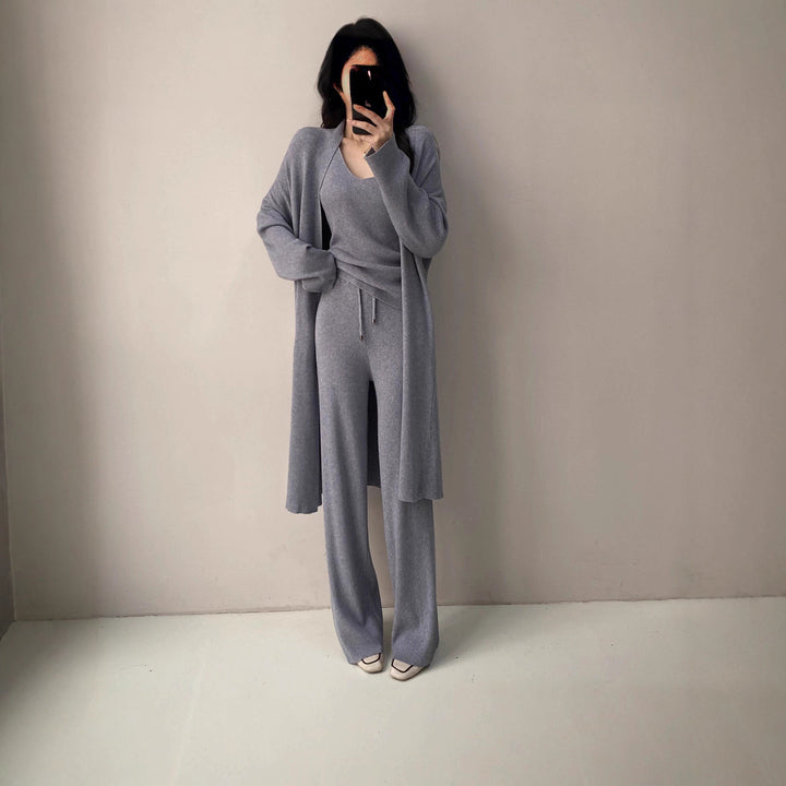 Damen Feinstrick-Loungewear-Set mit Longcardigan, Ripp-Top und weitem Strickhose Drune