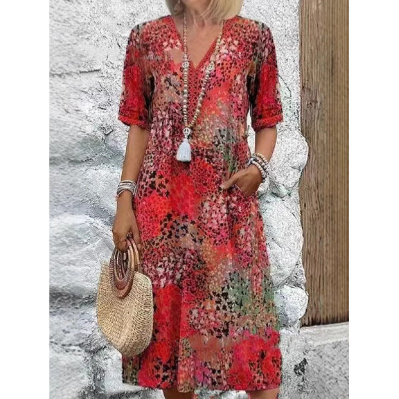 Damen Strandkleid im lässigen Stil mit Taschen und V-Ausschnitt Drune