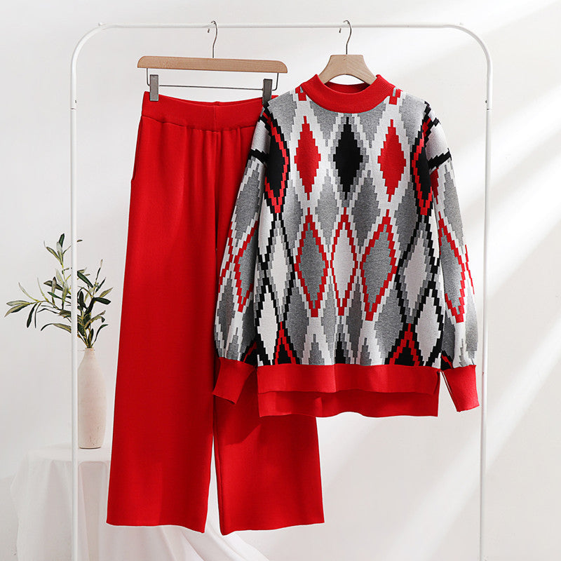 Damen modisches Strick-Loungewear-Set mit geometrischem Muster und weitem Schnitt Drune