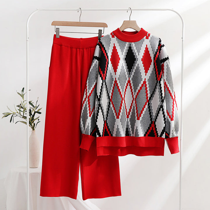 Damen modisches Strick-Loungewear-Set mit geometrischem Muster und weitem Schnitt Drune