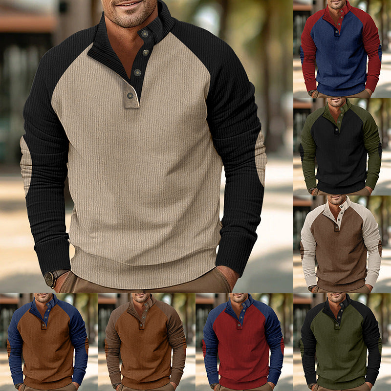 Herren Warmer Waffelstruktur-Henleypullover mit Kontrast-Raglanärmeln & Stehkragen Drune