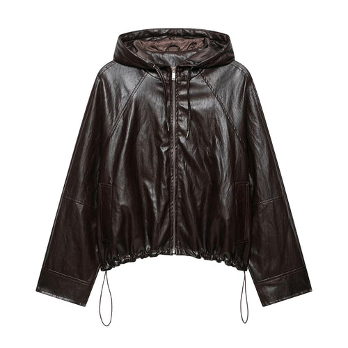 Damen kurze Kapuzen‑Lederoptikjacke mit Tunnelzug Raglanärmeln und Reißverschluss Drune
