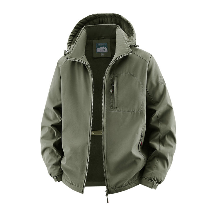 Herren nan multifunktionale Softshell-Tacticaljacke mit versteckter Kapuze, vertikaler Brusttasche und atmungsaktivem Fleecefutter Drune
