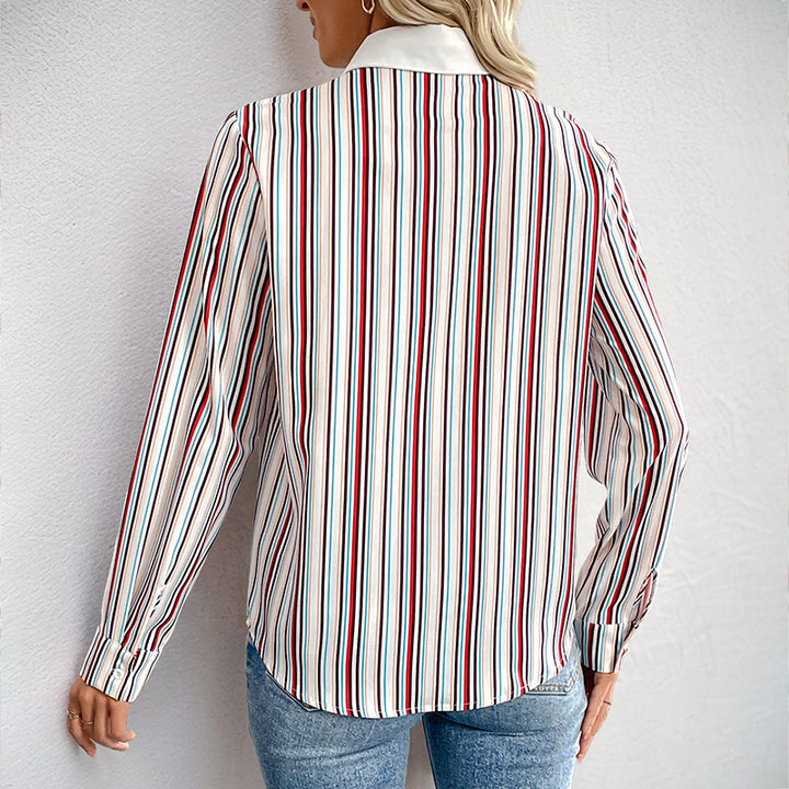 Damen Elegante gestreifte Hemdbluse mit Schmuckkragen und Krempelmanschetten Drune