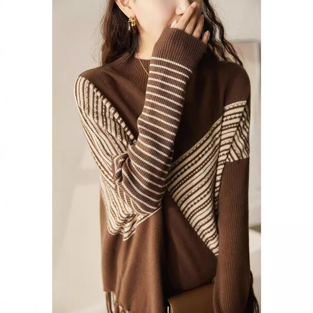 Damen Strickpullover mit geometrischem Muster und Fransen Drune