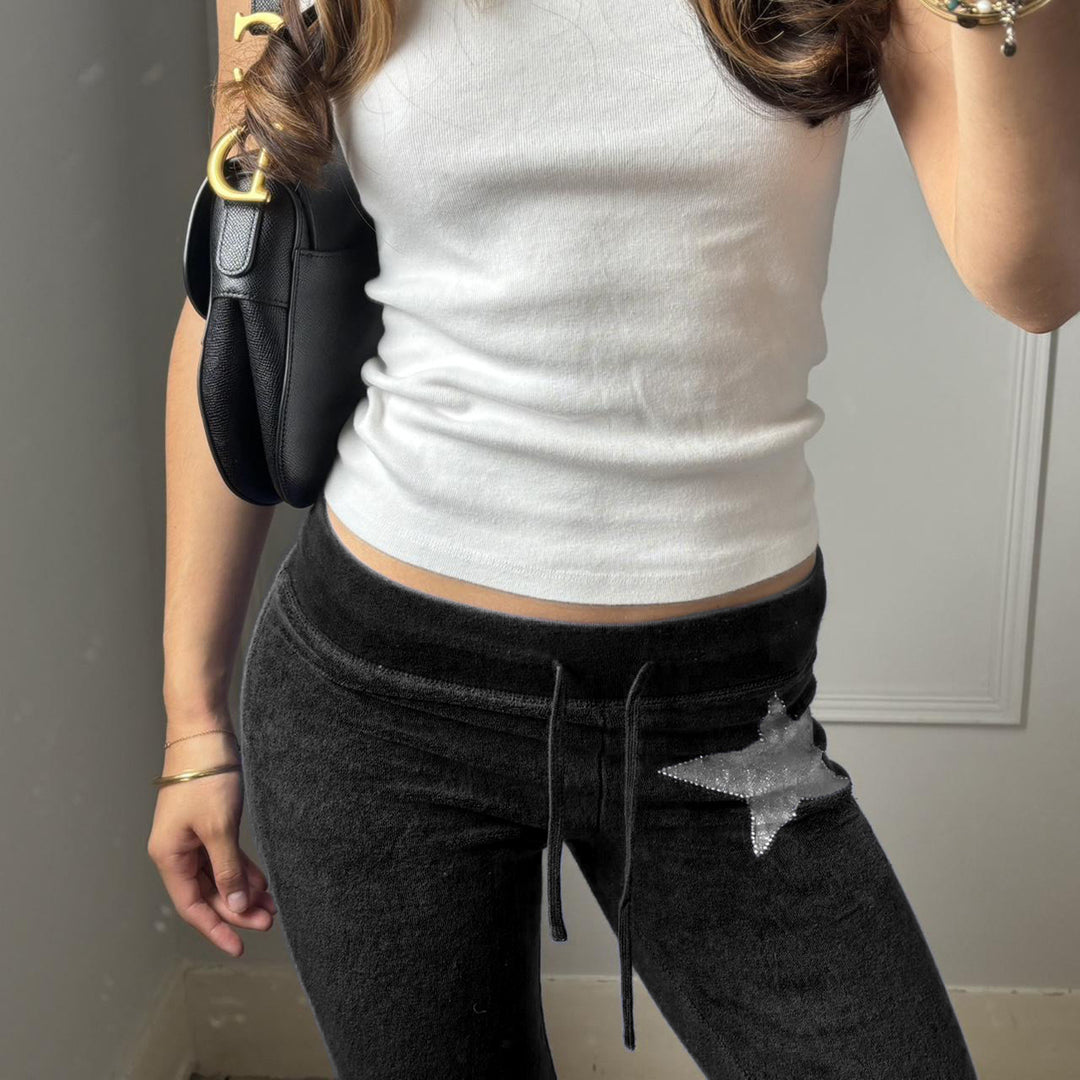 Damen weiche Velours‑Schlaghose mit Zierstern aus Strass und Tunnelzugbund Drune