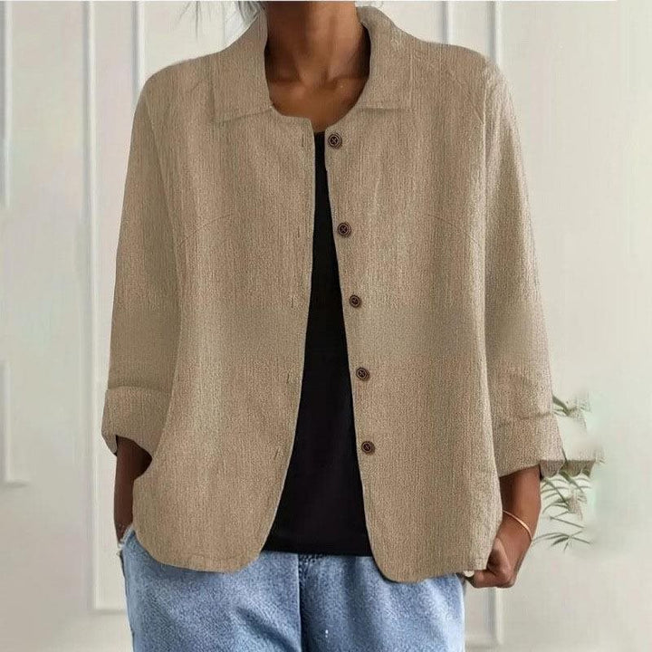 Damen Oversized Leinen-Hemdjacke mit Hemdkragen, 3/4-Ärmeln und durchgehender Knopfleiste Drune