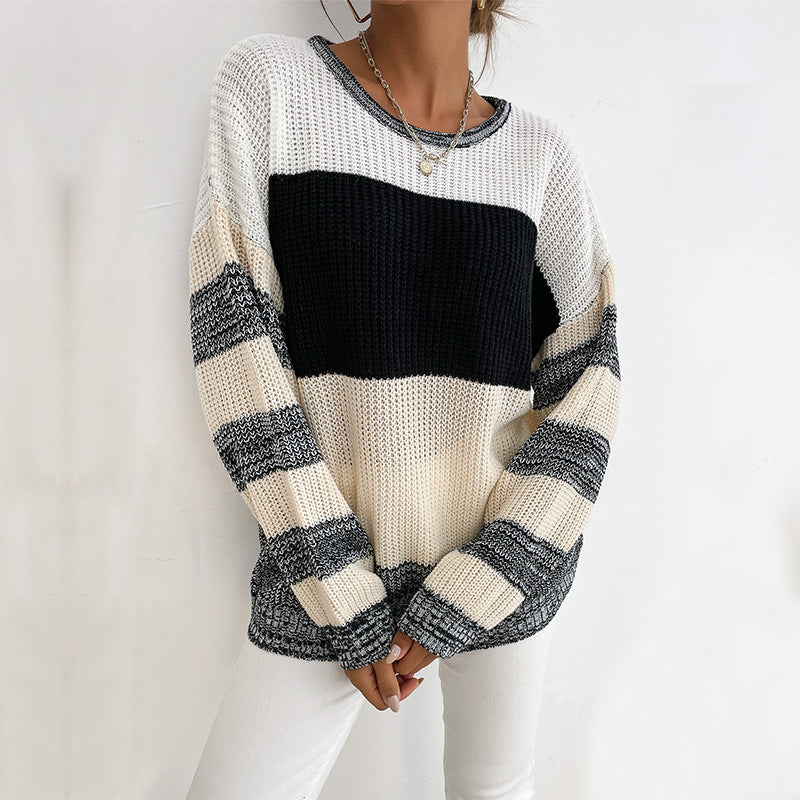 Damen Oversize Strickpullover mit grobem Rippstrick, Blockstreifen und weitem Rundhalsausschnitt Drune