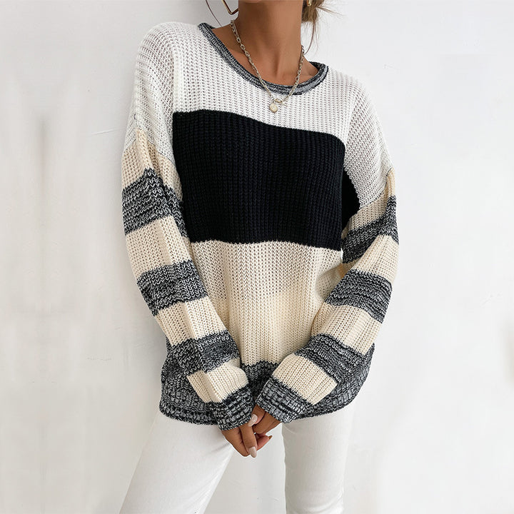 Damen Oversize Strickpullover mit grobem Rippstrick, Blockstreifen und weitem Rundhalsausschnitt Drune
