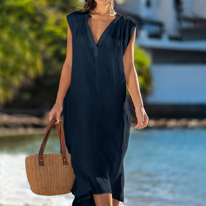 Damen Maxikleid Sommer A-Linie V-Ausschnitt