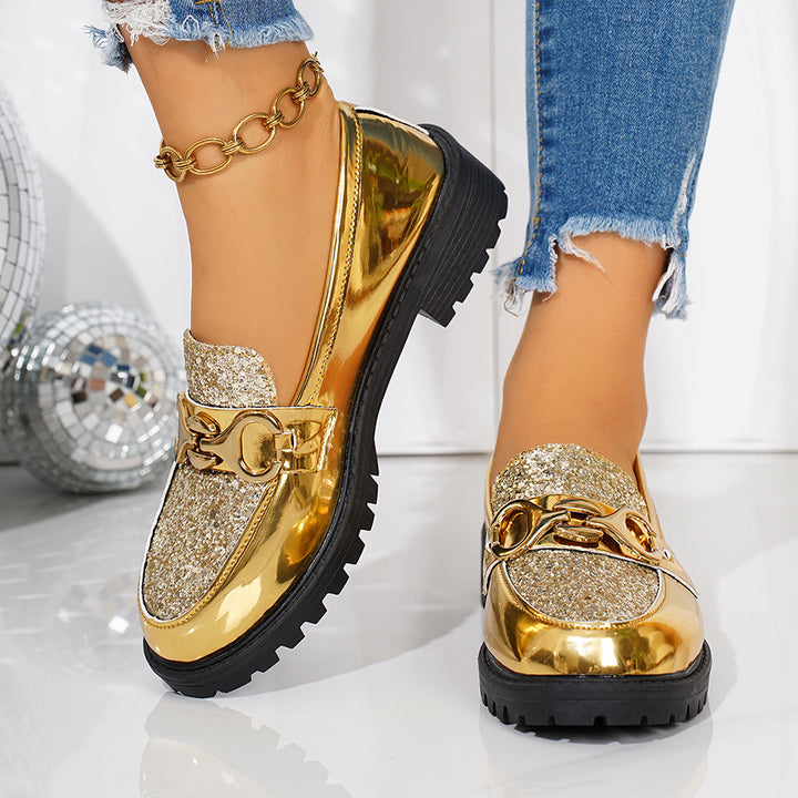 Damen Lackloafer mit glitzernder Vorderkappe, Schlupfdesign und profilierter Plateausohle Drune