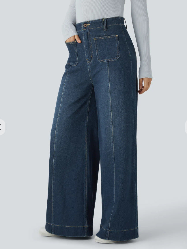 Damen nan hochgeschnittene Jeans-Palazzohose mit weitem Bein und aufgesetzten Fronttaschen Drune