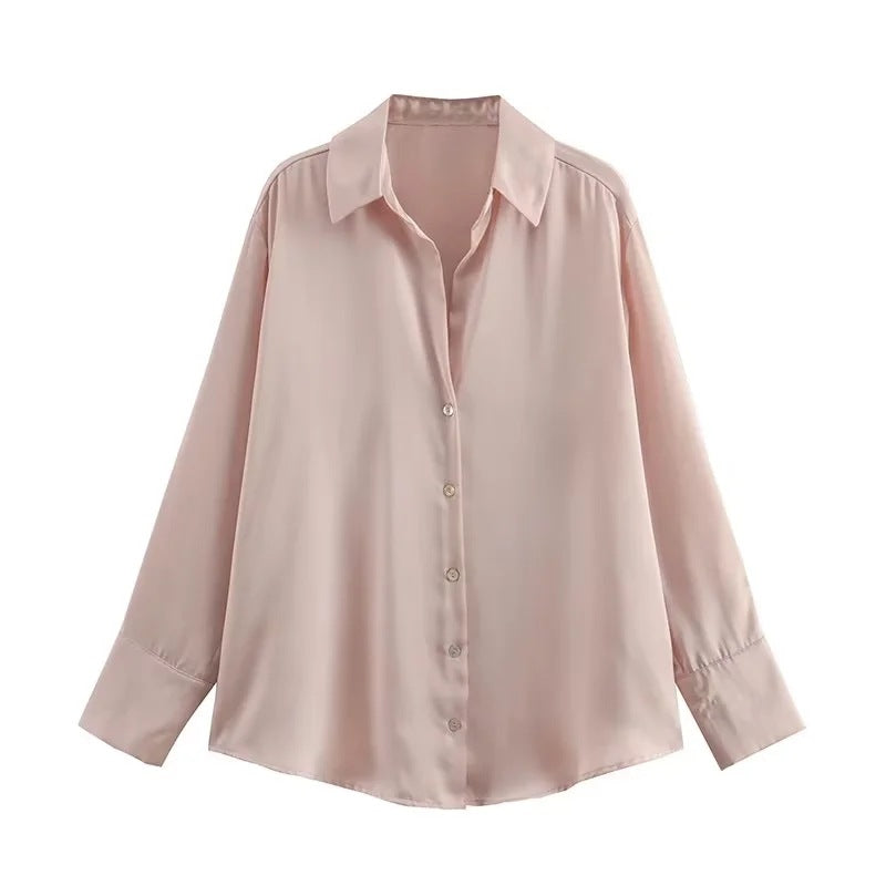 Damen Oversized Satinbluse mit Hemdkragen und breiten Manschetten Drune