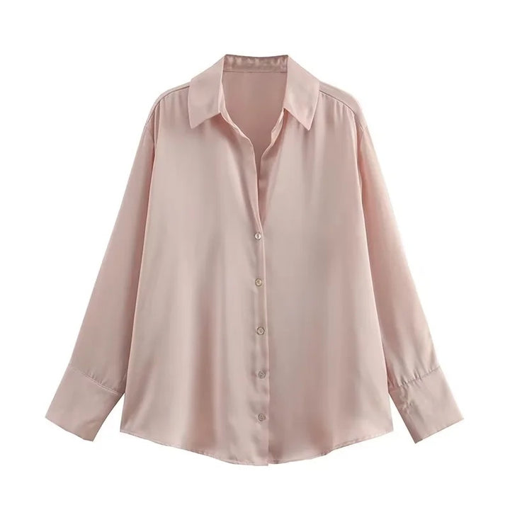Damen Oversized Satinbluse mit Hemdkragen und breiten Manschetten Drune
