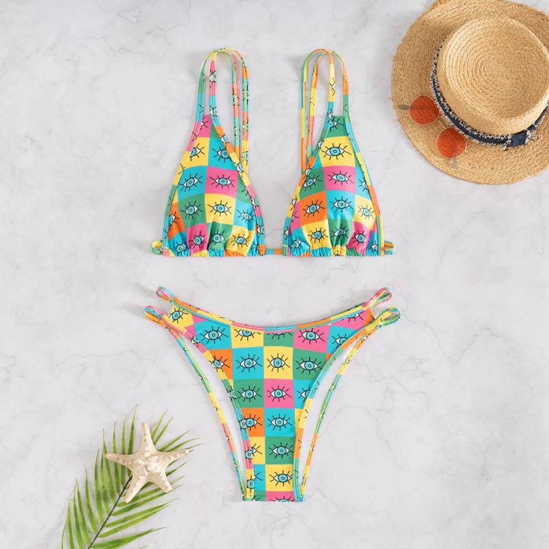 Damen Bikini-Set mit farbenfrohem geometrischem Muster und verstellbaren Trägern Drune