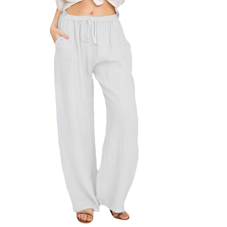Damen luftige Palazzo-Hose mit Tunnelzugbund, elastischem Taillenabschluss und seitlichen Eingrifftaschen Drune