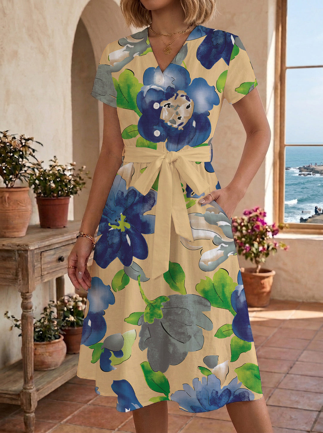 Damen Midikleid mit floralem Muster und Taillengürtel Drune