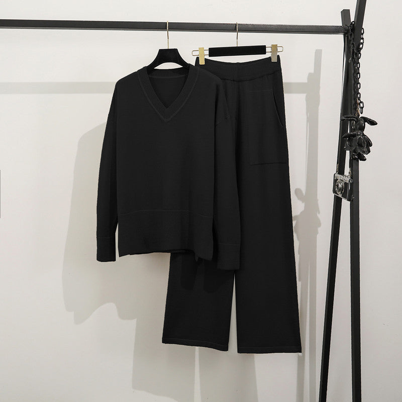 Damen lässiges Strick-Loungewear-Set mit tiefem V-Ausschnitt und praktischen Taschen Drune