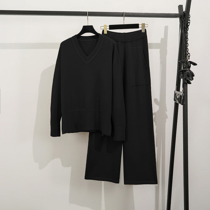 Damen lässiges Strick-Loungewear-Set mit tiefem V-Ausschnitt und praktischen Taschen Drune