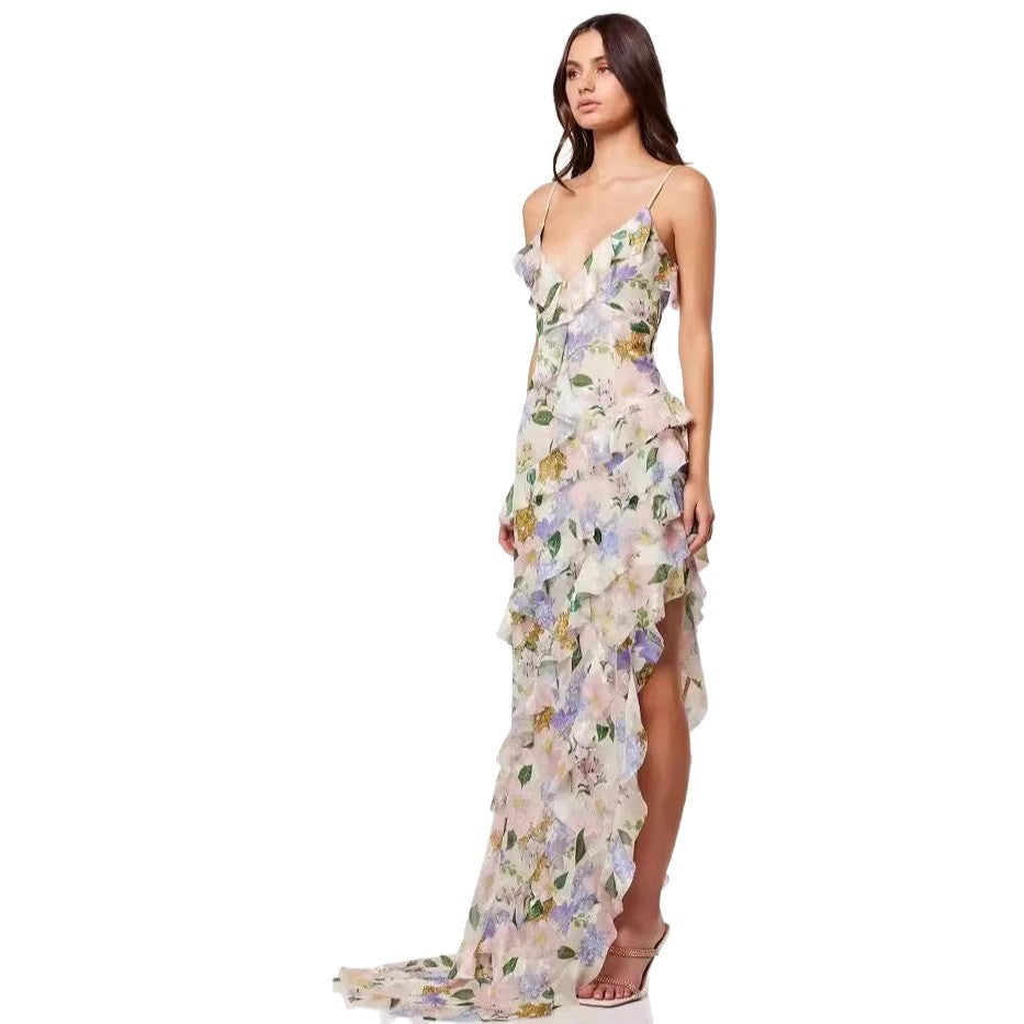 Damen Rüschenmaxikleid mit floralem Muster und tiefem Beinschlitz Drune